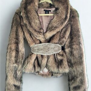 Heart Moon Star Faux Fur Jacket with Sparkling Belt